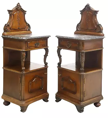 Antique Nightstands (2) Rococo Style Marble-Top Mahogany Foliate 19th 1800s • $1750