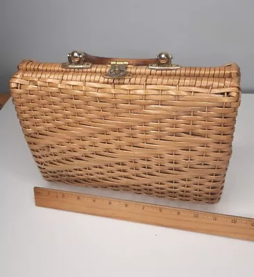 Vintage Mid Century Wicker Handbag Wood Handle Made In British Hong Kong • $75