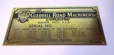 VINTAGE THE GLEDHILL ROAD MACHINERY Co. GALION OHIO USA SOLID BRASS MACHINE SIGN • $14.99