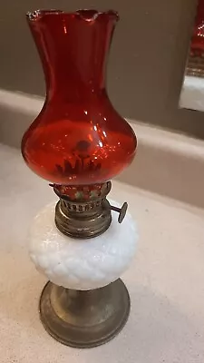 Vintage Miniature Oil Lamp/Lantern Red Chimney/White Milk Glass/Hong Kong • $13