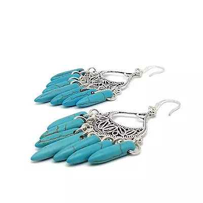 Turquoise Blue Howlite Chandelier Earrings Long Dangle Drop Boho Sterling Silver • £15.98