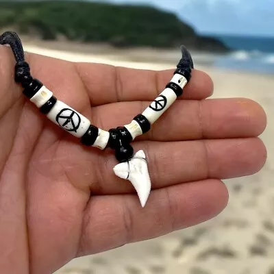 Real Tiger Fósil Shark Tooth Pendant Surfer Necklace For Men | Wood Beads • $16.90