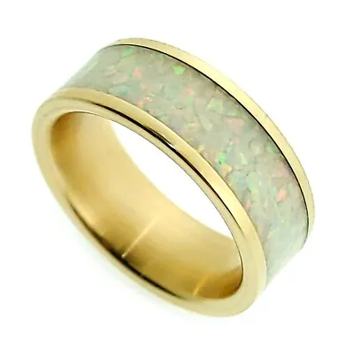 Mens Custom Opal Inlay Wedding Band In 14k Yellow Gold 8mm Width Size 8 • $895