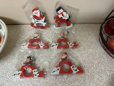 VERA NEUMANN Christmas Napkin Rings NOEL 6 Vintage Wooden Snowman Santa Claus  • $18