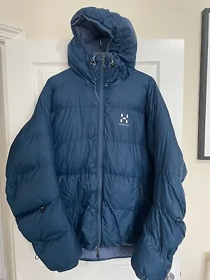 Men's Haglofs Jacket Blue Down Hooded Expedition Winter Size L XL RRP £400 • £160