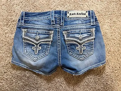 Rock Revival Womens Jean Ena Shorts Blue Distressed Sequin Bling - Size 26 • $69.90