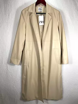 Zara Womens Long Open Ivory Trench Coat Faux Leather Size S • $19