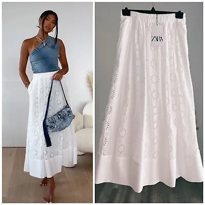 Zara Cotton Oyster White Embroidered Eyelet Midi Skirt 7576/979  S M L Xl • $69