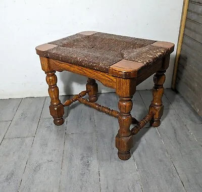 Vintage Rustic Farmhouse English Oak Wood Woven Rush Seat Bench Stool • $180