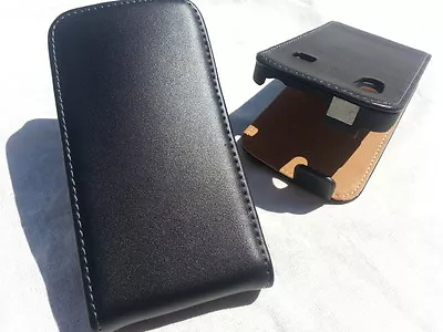 Samsung Galaxy Ace S5830 GENUINE LEATHER Flip Case BLACK Cover Skin Real • £4.45