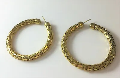 Vintage Gold Tone Mesh Hoop Earrings Huge 2  Pierced • $12.88