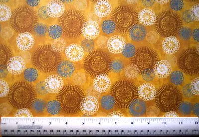 Golden Brown Blue Medallions By The 1/2  Yard  Cotton Fabric Wilmington Prints • $4.49