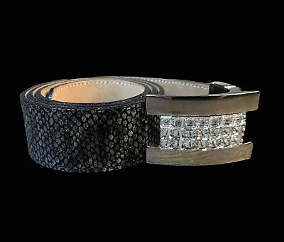 BB Simon Belt Clear Ice Crystal Stainless Steel Buckle Pearl Print Leather Y2K • $79.95