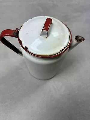 Vintage Primitive Red And White Enamelware Coffee Pot Pitcher Farmhouse Rustic • $29