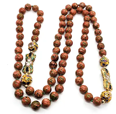 Unakite Knotted Silk Chinese Cloisonne Enamel Flower Long 32' Vintage Necklace • $58