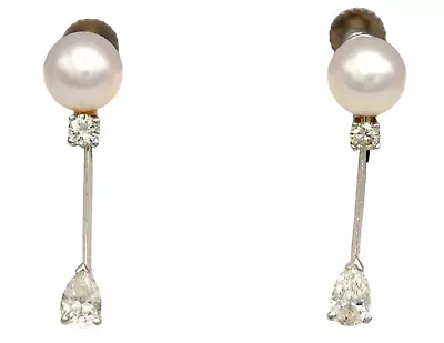 Vintage Fancy Diamond Pearl Dangle Drop Bar Screwback Earrings 14k White Gold • $125