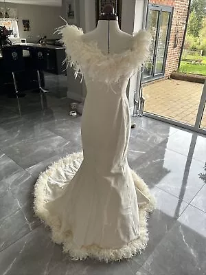 Ian Stuart Wedding Dress  Oyster Sequin & Ostrich Feather Trim 10/12 • £300