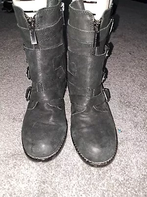 Vince Camuto Wesli Black Leather Moto Boots Four Buckle  Inside Zip Sz 8.5M • $29.99