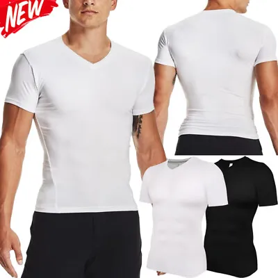 Stretch Mens V-neck Compression T-Shirt Short Sleeve Tops Sports Quick Drying • £13.79