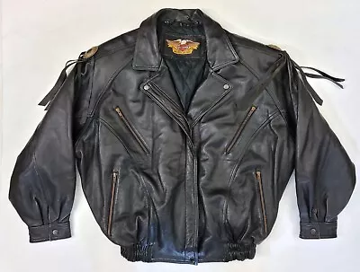 Vtg 80s Harley Davidson Black Leather Oversized Motorcycle Biker Jacket Mens M/L • $97.88