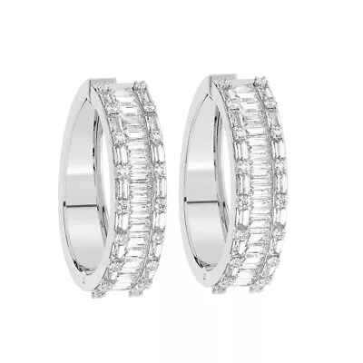 2 Ct 100% Natural Round & Baguette Cut Diamonds Hoop Earrings 18K White Gold • £2679.04