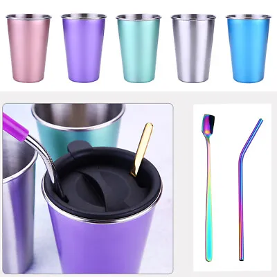 $8.99 • Buy 1x Stainless Steel Travel Mug Tumbler Coffee Cup With Lid & Drinking Straw Gifts