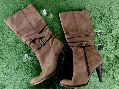 Sachi Tan Leather Mid - Calf Length Women's Zip Cone Heeled Boots Size 6.5 • $45