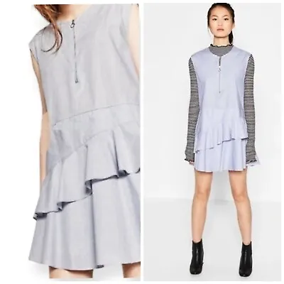Zara Cotton Blue Ruffle Peplum Sleeveless Zip Neck Mini Dress Sz XS • $15.29