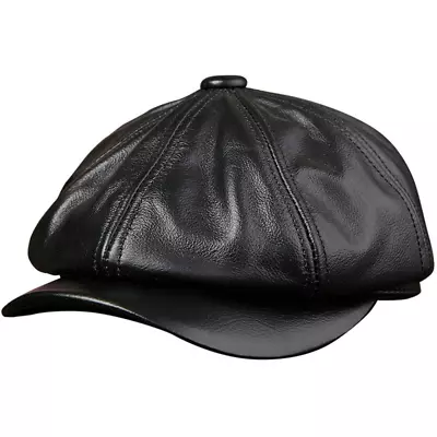 Genuine Leather Newsboy Cap Men Winter Black Octagonal Cap For Men Flat Cap • $29.99