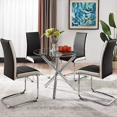 Glass Round Dining Table Chair Set / Kitchen Dining Table / Room Leather Chairs • $149.99