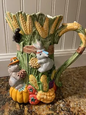 Vintage Thanksgiving Harvest Ceramic Pitcher Squirrel Rabbit Crow • $26.99