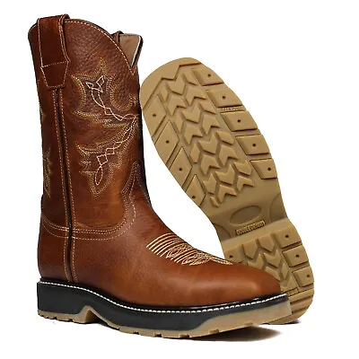 Men's Genuine Leather Cowboy Steel Toe Work Boots Oil Resistant Botas De Trabajo • $89.99