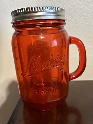 Aladdin Mason Jar Tumbler  With Handle Plastic Orange Silver Lid 20 Oz No Straw • $15.99