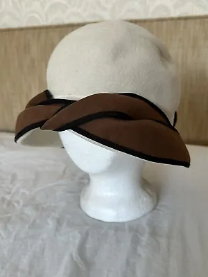 Vintage Hat~MADELEINE GUY Of PARIS~Cloche Felt White/Brown 20.5  Circumference • $225