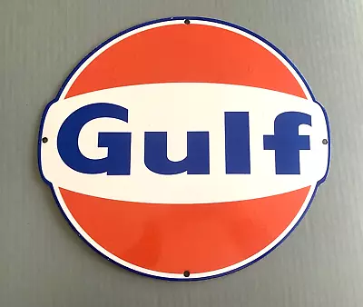 VINTAGE GULF GASOLINE 14x12  GAS MOTOR OIL PORCELAIN PUMP STATION SIGN • $15.50