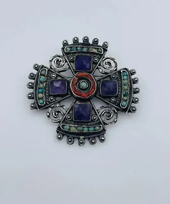 Matl Salas Vintage Mexican Sterling Silver Coral Turquoise & Amethyst Pin • $500