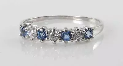 9K WHITE GOLD CEYLON SAPPHIRE DIAMOND ART DECO INS ETERNITY BAND RING Size J • £249