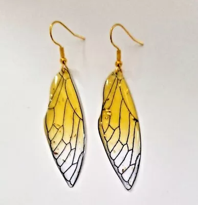 Fairy Earrings Butterfly Wings Dangle Yellow Insect Gift Tropical Glitter • $9.95