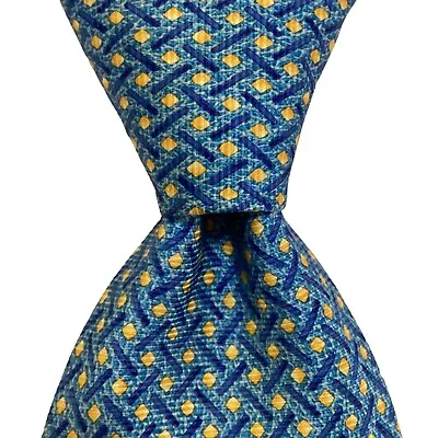 BVLGARI SEVENFOLD Men's Silk XL Necktie ITALY Luxury Geometric Blue/Yellow GUC • $90.99