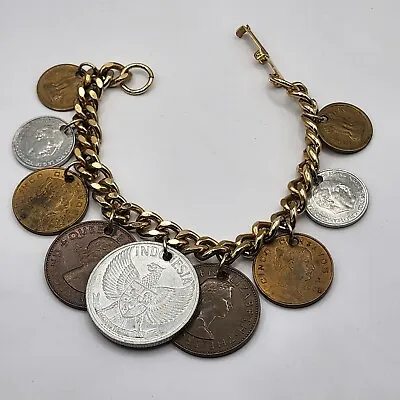 Vintage Charm Bracelet Coin Travel Gold Tone 7   • $27.74