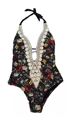 Mossimo Floral Print Crochet Trim Plunge One Piece Swimsuit Sz L Navy Multi • $19.99