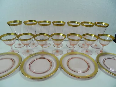 18 EARLY VINTAGE PINK DEPRESSION GLASS STEMWARE (7 And 7)-and PLATES (4 Of Them) • $180