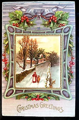 Vintage Victorian Postcard 1908 Christmas Greetings - Winter Scene On Silver • $9