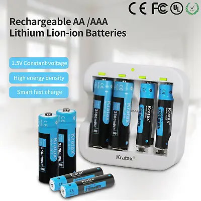 1.5V AA AAA Li-Ion Rechargeable Batteries 3500mWh & Lithium Battery Charger Lot • £22.98