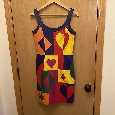 Vintage Michael Hoban North Beach Leather Dress Colorful Colorblock Hearts 7/8 • $600