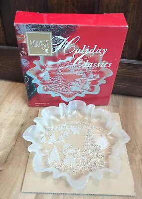 Mikasa Holiday Classics 9.5” Round Crystal Platter Frosted Glass Tree Winter • $15.99