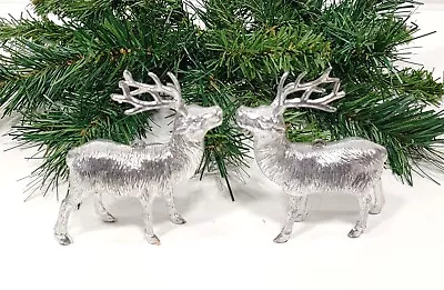 Vintage Silver Reindeer Figures Christmas Ornaments Hollow Plastic • $15.95