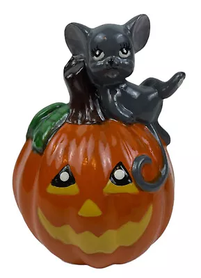 Vintage  Hand Painted Ceramic Mouse On A Jack O Lantern Pumpkin 4 Inches Tall • $26.95