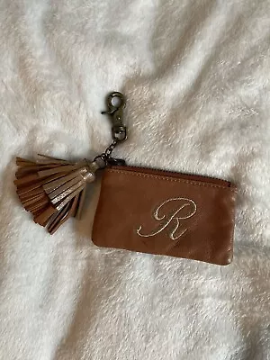 Anthropologie Leather Brown R Pouch Coin Purse Vintage Zipper Boho Monogram Miss • $0.99