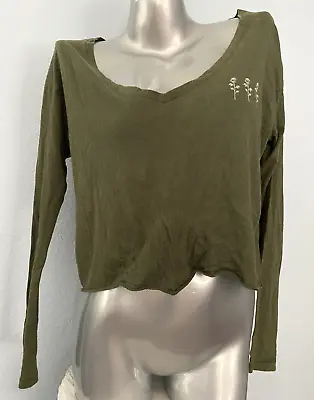PINK Victorias Secret Nwt Long Sleeve V Neck Cotton Blend Cropped Green Shirt XS • $7.49